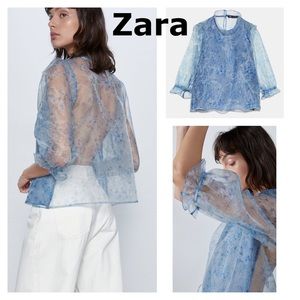 Zara blue floral mesh sheer  back top blouse